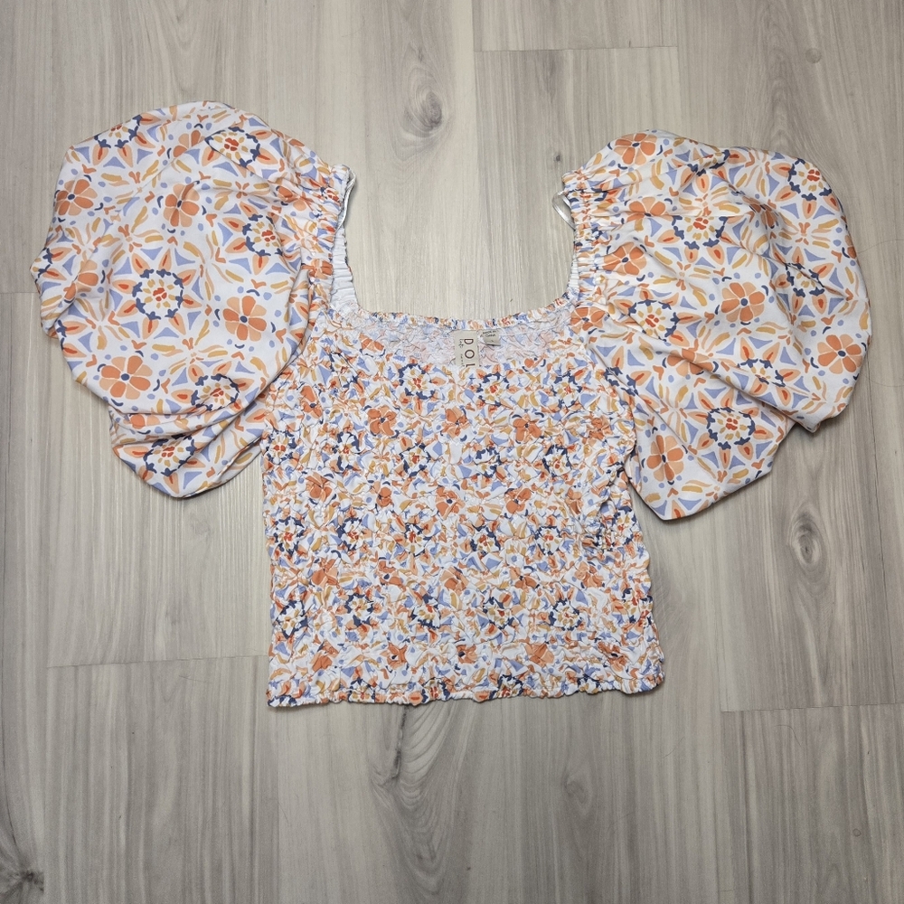 Anthropologie Dolan Left Coast Smocked Puff Sleeve Top - Geo Floral - Size Small